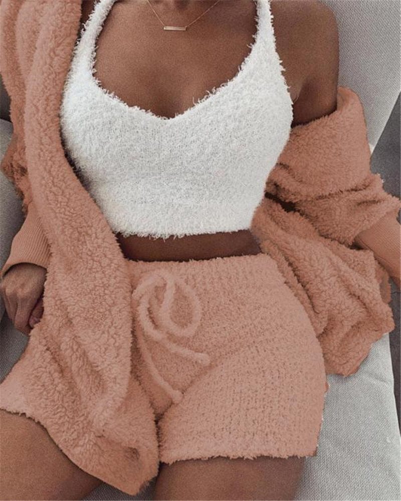 Professional title: "Women's 3 - Piece Long Sleeve Crop Tank Top and Drawstring Shorts Pajama Set" - SHOWLU FASHION STORE