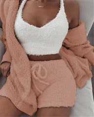 Professional title: "Women's 3 - Piece Long Sleeve Crop Tank Top and Drawstring Shorts Pajama Set" - SHOWLU FASHION STORE