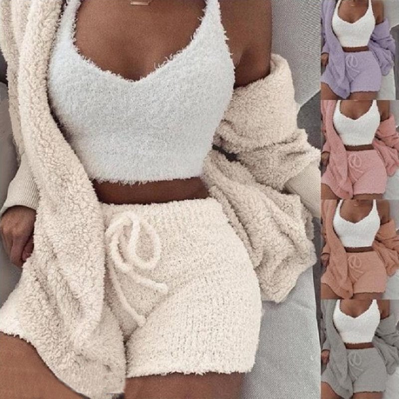 Professional title: "Women's 3 - Piece Long Sleeve Crop Tank Top and Drawstring Shorts Pajama Set" - SHOWLU FASHION STORE