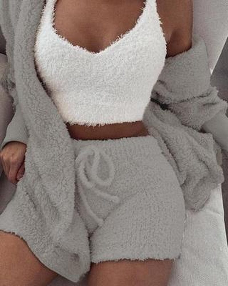 Professional title: "Women's 3 - Piece Long Sleeve Crop Tank Top and Drawstring Shorts Pajama Set" - SHOWLU FASHION STORE