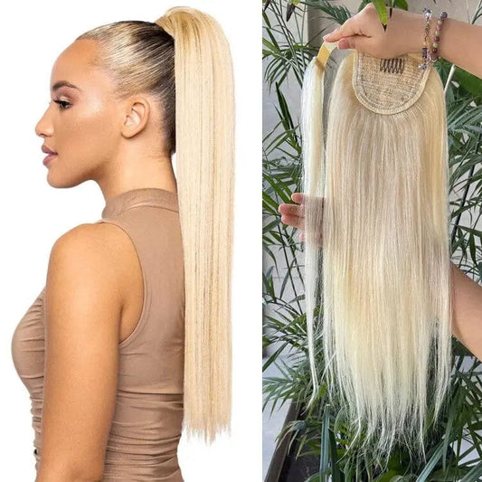 Silk Straight Wrap Ponytail Human Hair Remy 613 European Ponytail Hair body wave 100% Natural blonde Ponytail Clip in Extensions - SHOWLU FASHION STORE