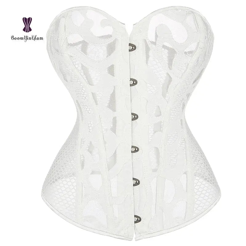 Showlu Fashion Store L / White women costume sexy lingerie transparent mesh corselet hollow out erotic bridal corsets with thong