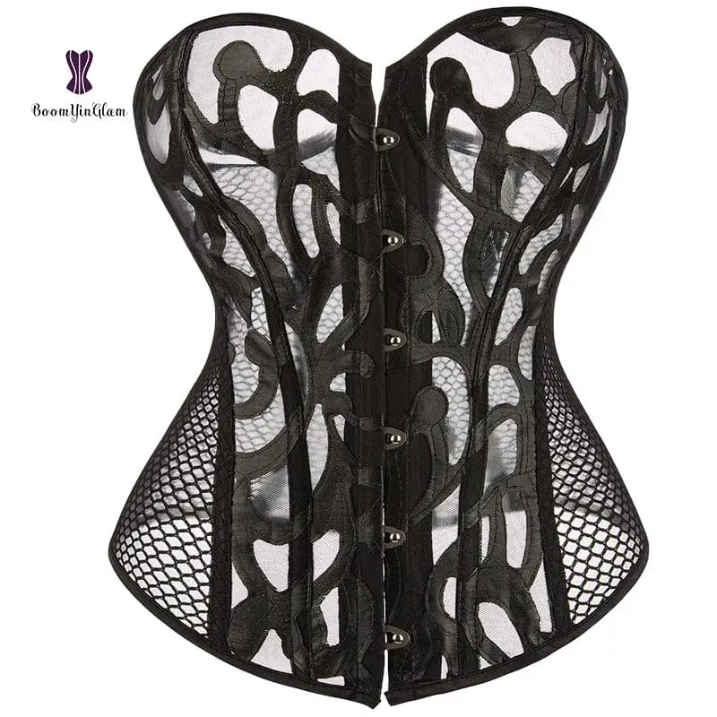 Showlu Fashion Store S / black women costume sexy lingerie transparent mesh corselet hollow out erotic bridal corsets with thong